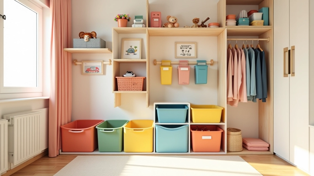 Quarto de criança com caixas de armazenamento etiquetadas e sistema de rotação