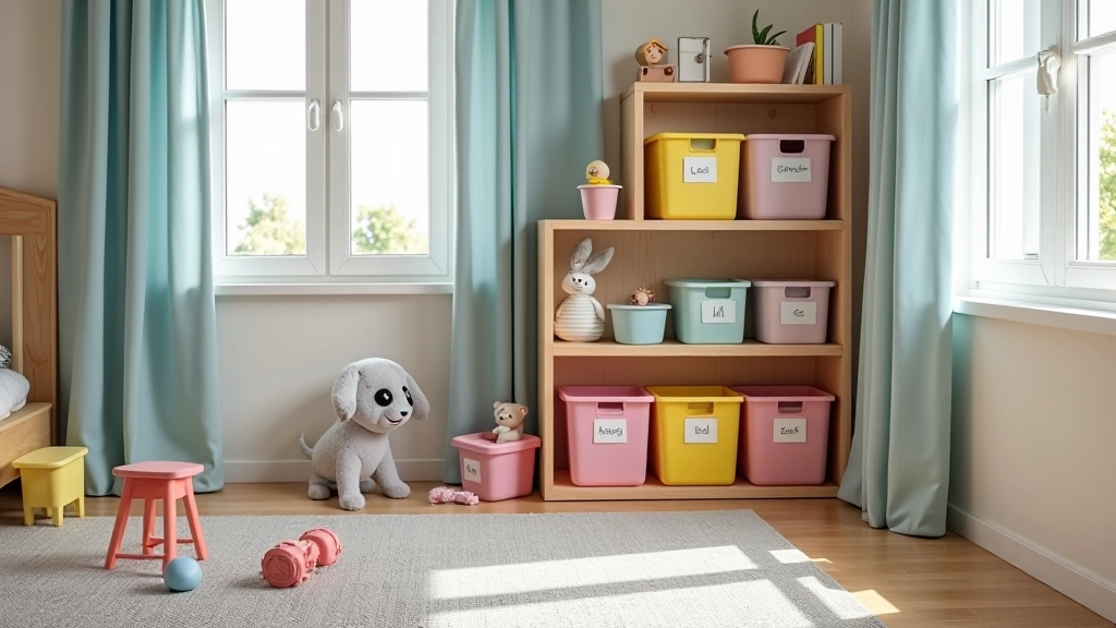 Quarto de criança com estantes de madeira, caixas de plástico coloridas com etiquetas, brinquedos organizados, cortinas azuis claras, tapete cinzento