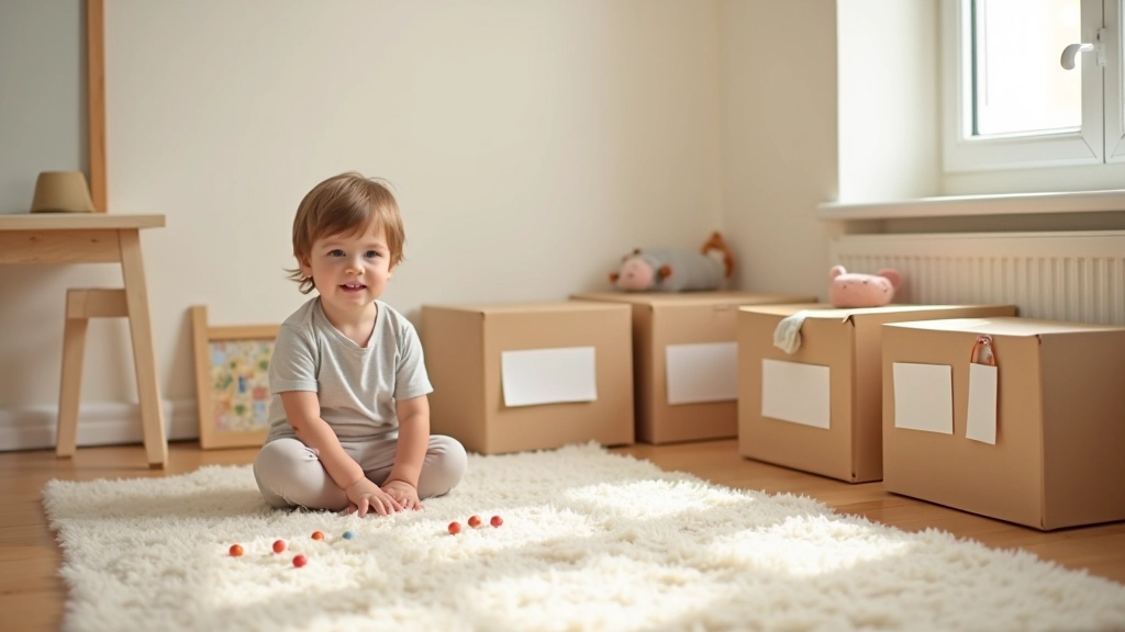 Quarto infantil limpo e organizado, caixas etiquetadas com brinquedos visíveis, criança sorridente brincando no chão, espaço amplo e arejado