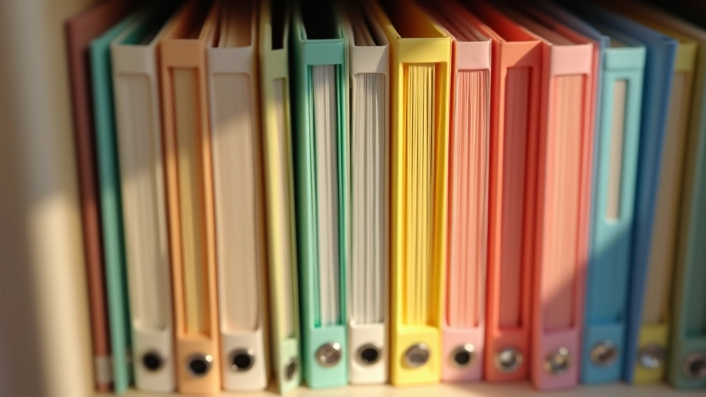 Sistema de ficheiros por cores com etiquetas manuscritas, divisores de plástico transparente, documentos organizados verticalmente, vista de cima mostrando categorias distintas