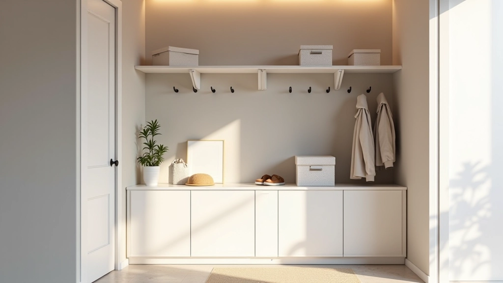 Entrada compacta com prateleiras flutuantes brancas, cabideiro cinzento com casacos, caixas de armazenamento baixas, espelho retangular, chão com tapete bege claro