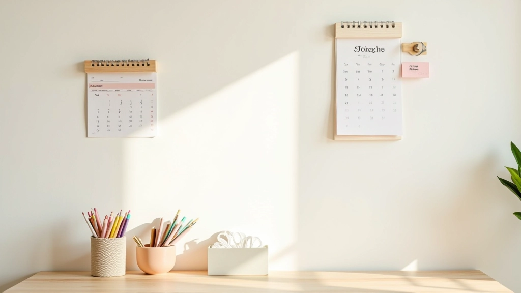 Parede de organização familiar com calendário em cores pastel, pequenas prateleiras com ficheiros etiquetados, desenhos das crianças pendurados, canetas e marcadores organizados