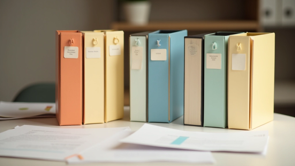 Zona de trabalho com ficheiros organizados por categorias, divisores coloridos, rótulos em relevo, secretária com espaço para documentos novos, caneta de ponta redonda para anotações