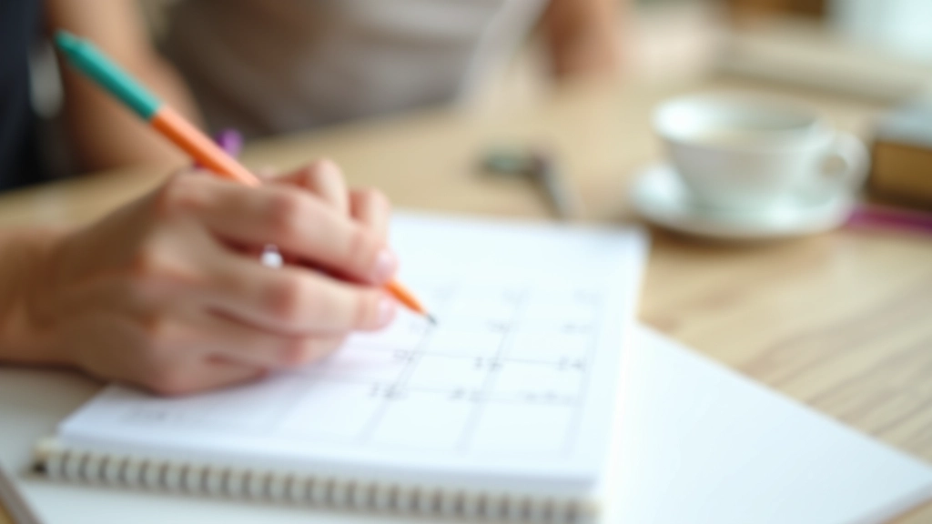 Mão de mulher adicionando anotação a calendário, caneta colorida, café ao lado, manhã natural clara, espaço de trabalho limpo