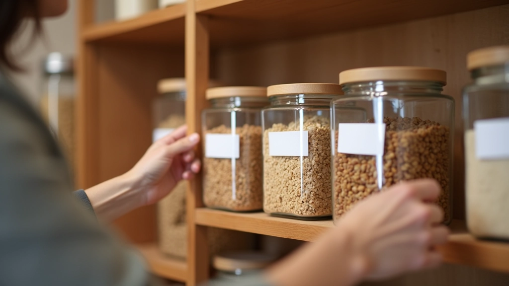 Mãos a colocar alimentos em contentores de vidro transparentes, etiquetas brancas visíveis, prateleiras organizadas, luz natural quente