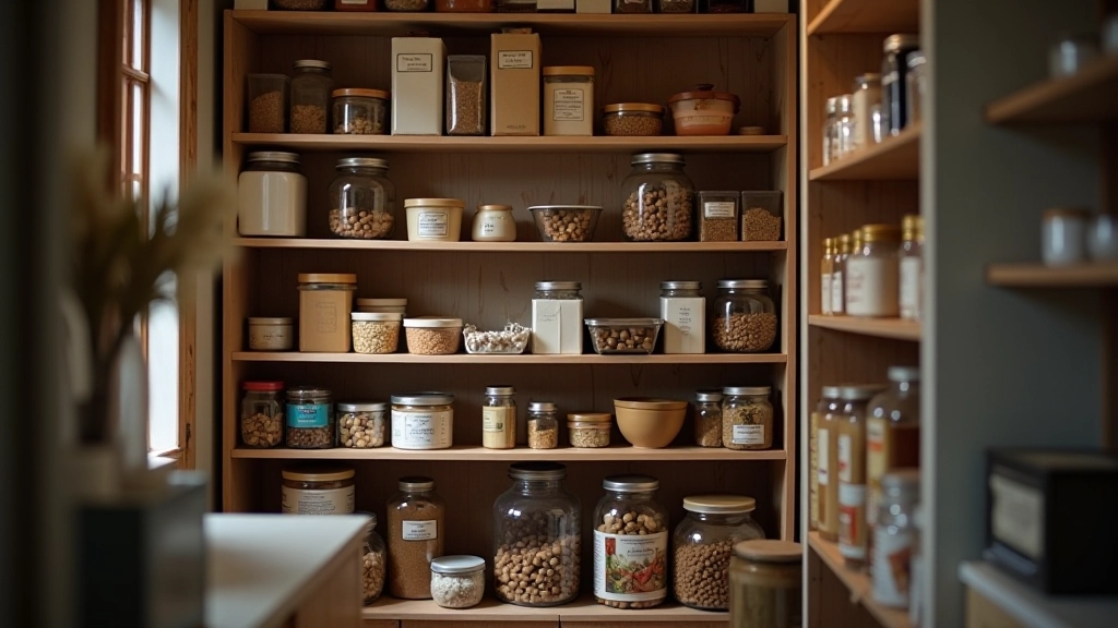 Despensa desorganizada com produtos espalhados, prateleiras desordenadas, caixas sobrepostas, luz fluorescente fria