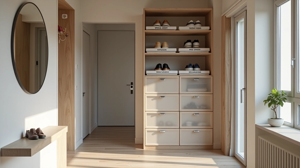 Entrada com prateleiras abertas, sapatos organizados em caixas transparentes etiquetadas, cabideiro com casacos em cores neutras, espelho grande, iluminação natural clara