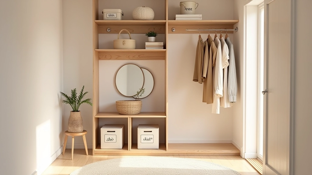 Entrada moderna com cabideiro de madeira, prateleiras com caixas de armazenamento organizadas por cor, espelho redondo, tapete bege claro, luz natural da janela