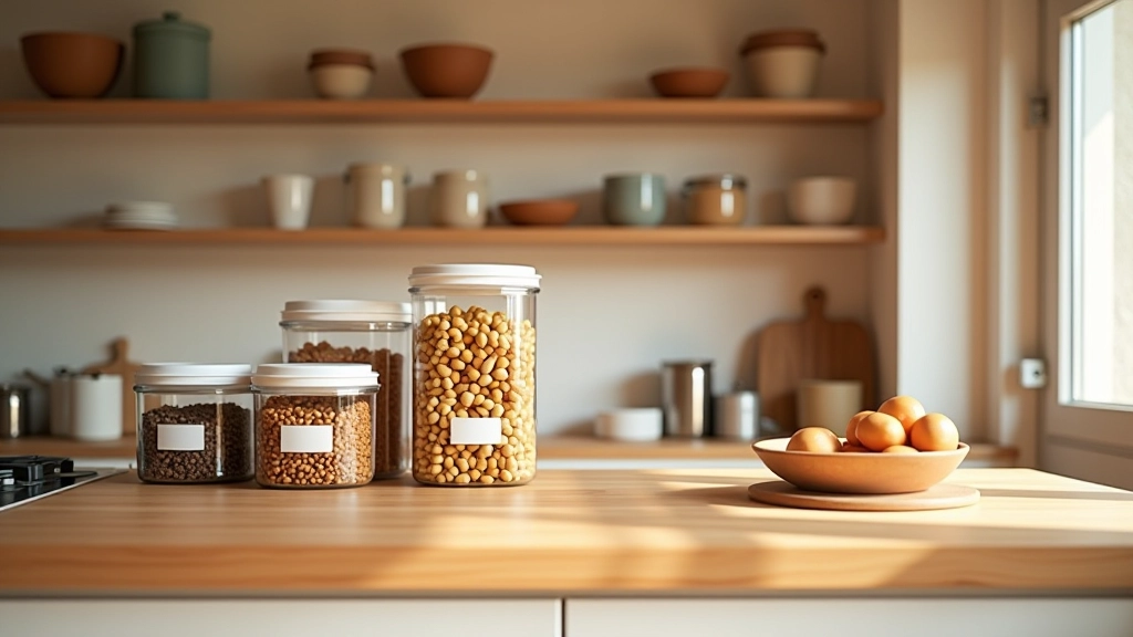 Cozinha moderna com despensa aberta, contentores transparentes de vidro com alimentos, etiquetas brancas, luz quente, bancada de madeira