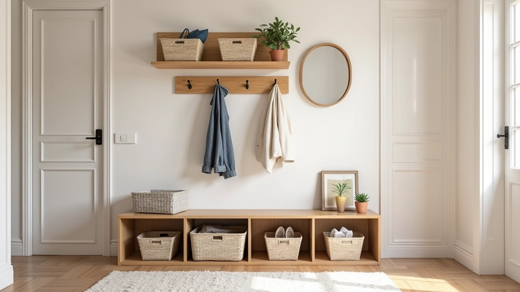 Organização de entrada com banco de armazenamento e cabideiros