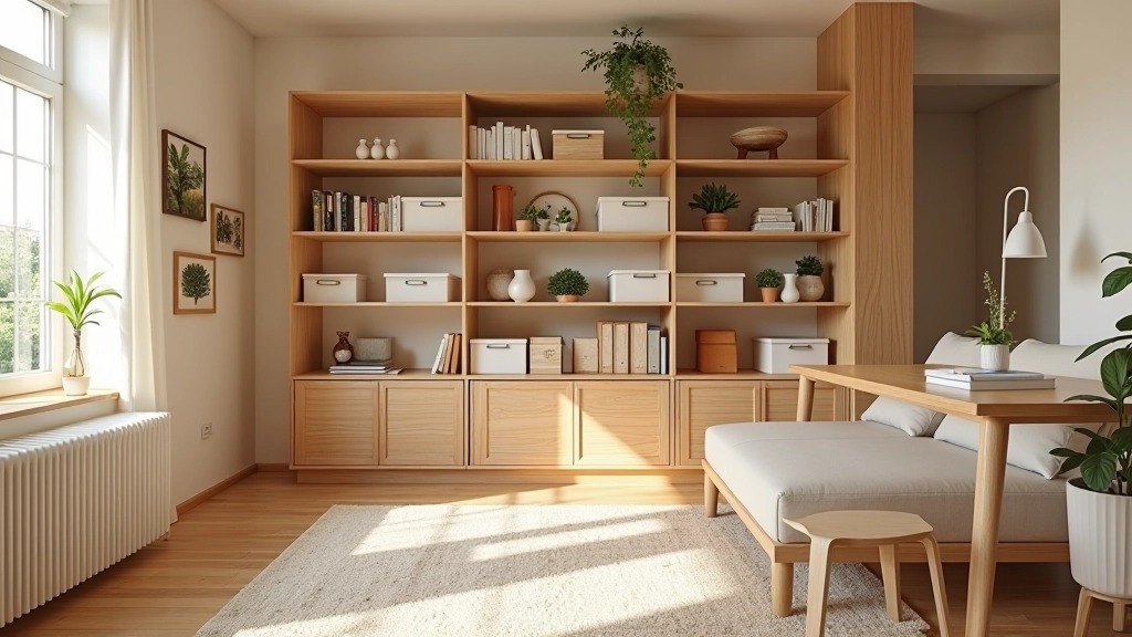 Sala de estar organizada com estantes de madeira, caixas de armazenamento etiquetadas, luz natural quente, ambiente familiar português