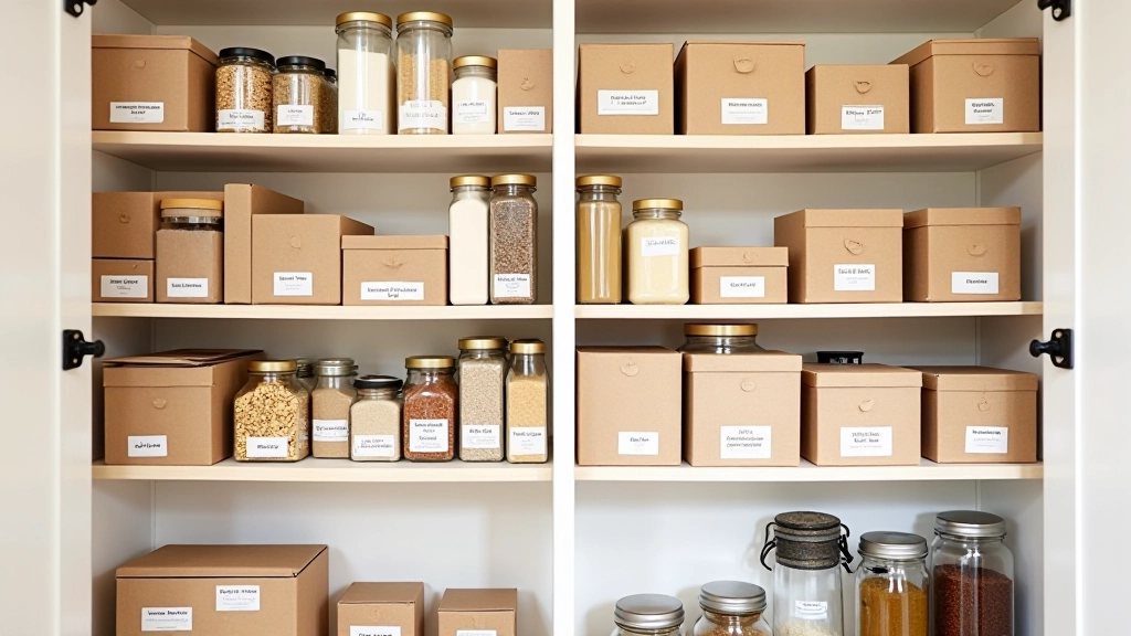 Prateleiras de despensa com sistema de zonas: óleos no canto esquerdo, cereais ao centro, especiarias na direita, tudo etiquetado e organizado