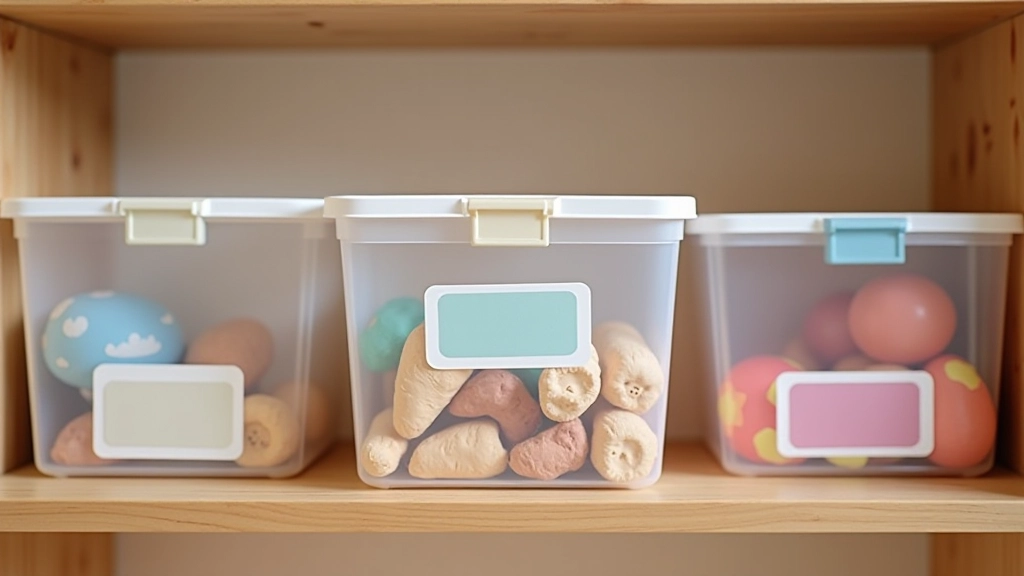 Caixas de plástico transparentes com etiquetas coloridas organizadas numa estante, brinquedos diversos visíveis, iluminação natural clara