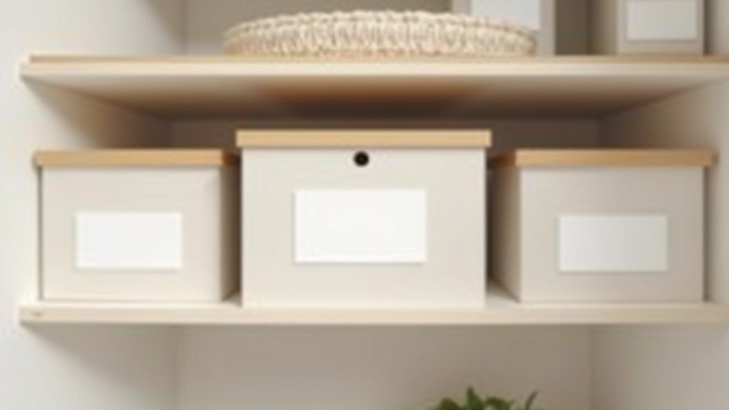 Interior de prateleira com etiquetas brancas, caixas de armazenamento organizadas, uma caixa pequena destacada para itens temporários, vista frontal clara e bem iluminada