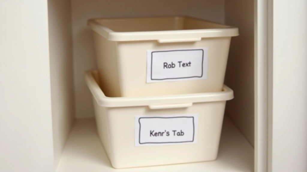 Armário com três caixas grandes etiquetadas rotação brinquedos, etiquetas indicando semanas, caixas organizadas num espaço limpo, vista frontal clara