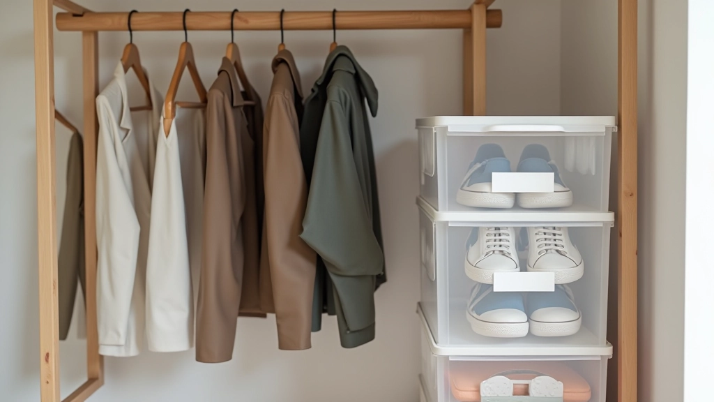 Detalhe de cabideiro de madeira com casacos bem organizados, caixas de sapatos transparentes empilhadas com etiquetas brancas, luz natural refletindo no espelho