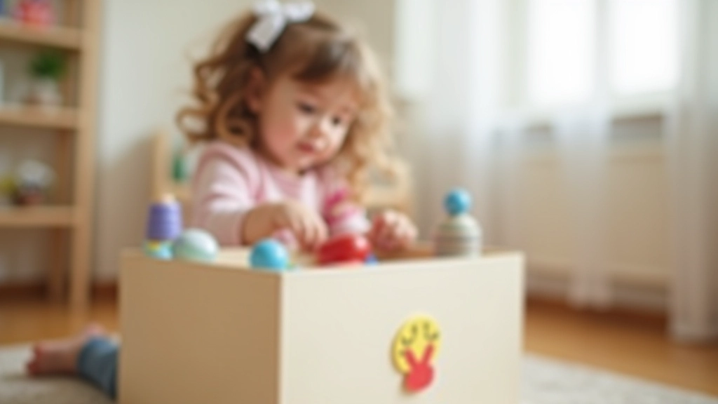 Criança pequena colocando brinquedo numa caixa etiquetada, caixa com símbolo de blocos de construção colorido, quarto infantil ao fundo, luz natural